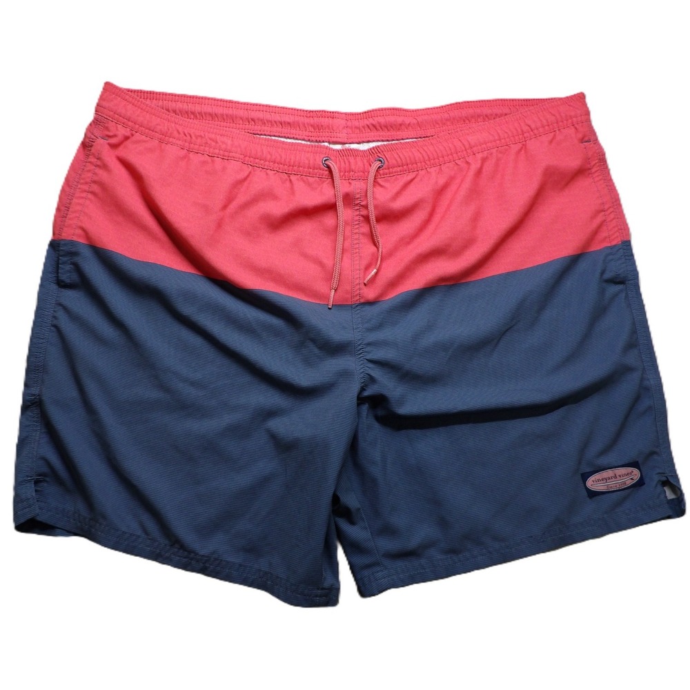 Vineyard Vines Men XL Chappy Colorblock Swim Trunks Red Navy Mesh Lined Surf